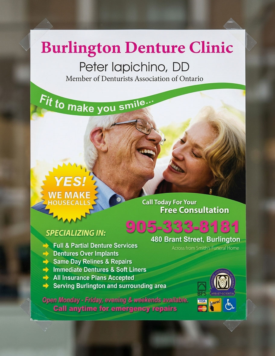 Full-page screenshot of Burlington Denture Clinic Flyer