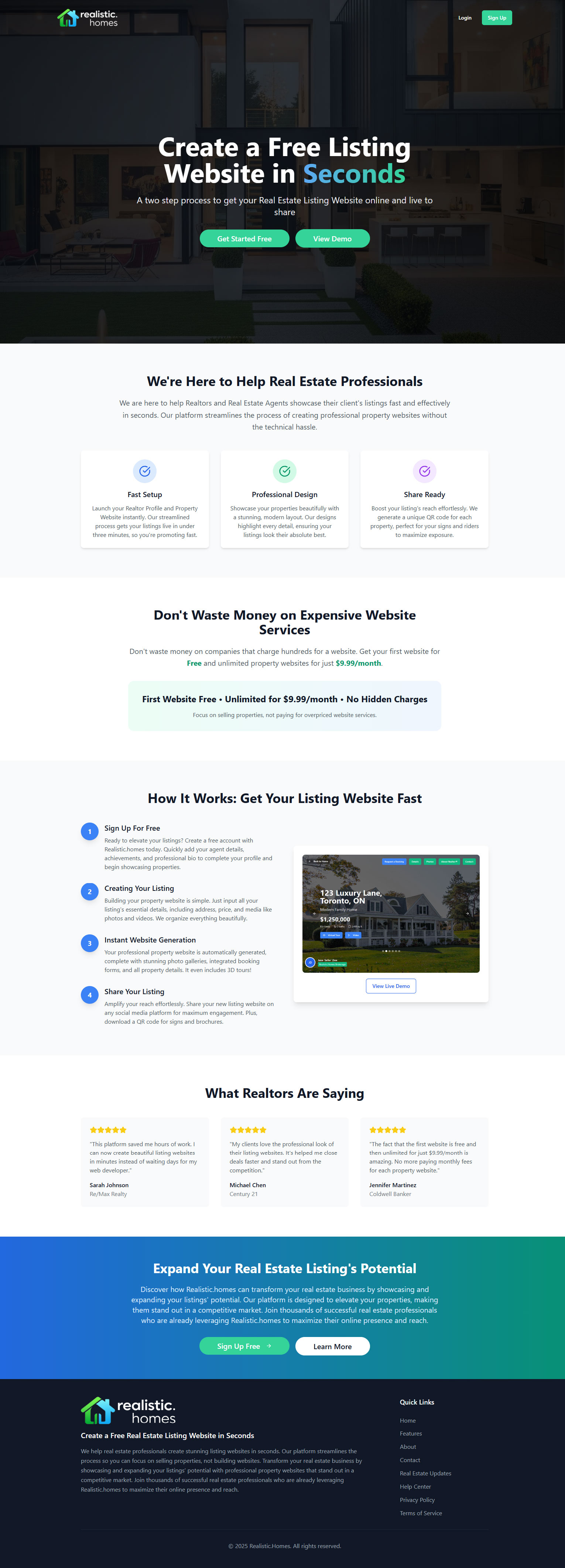 Full-page screenshot of Realistic.Homes Real Estate Listing Website