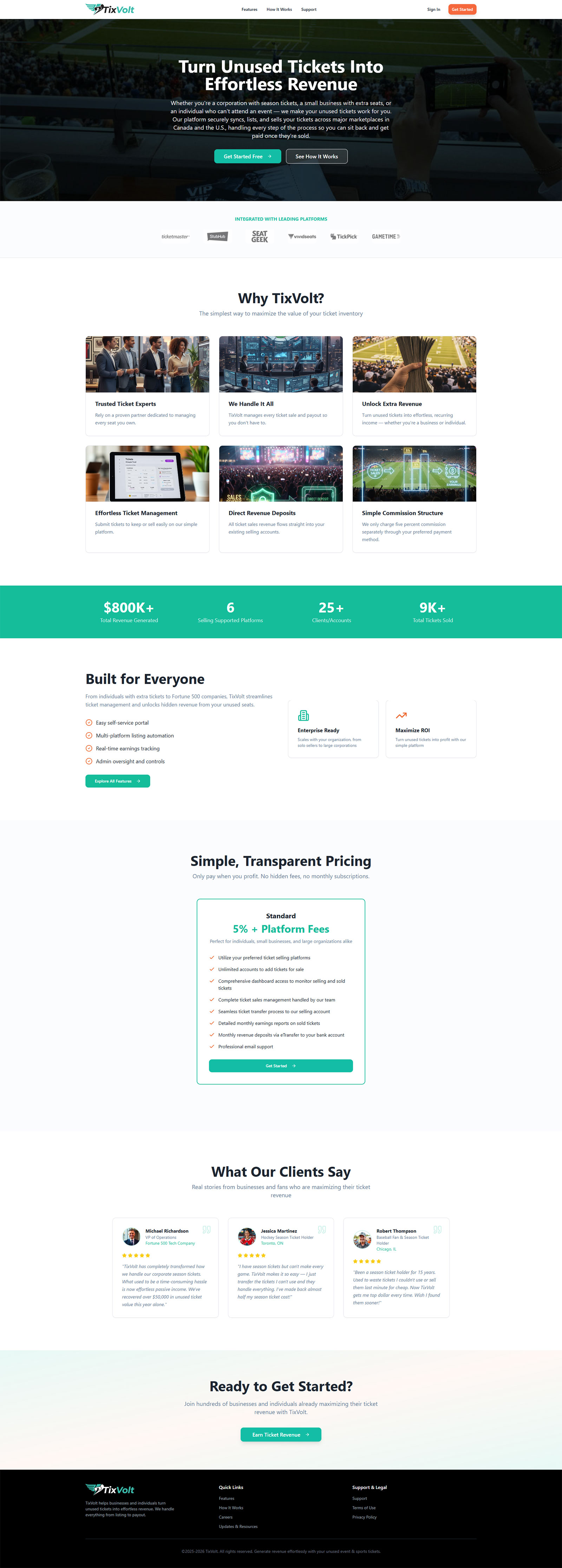 Full-page screenshot of TixVolt - Unused Tickets Resale Website