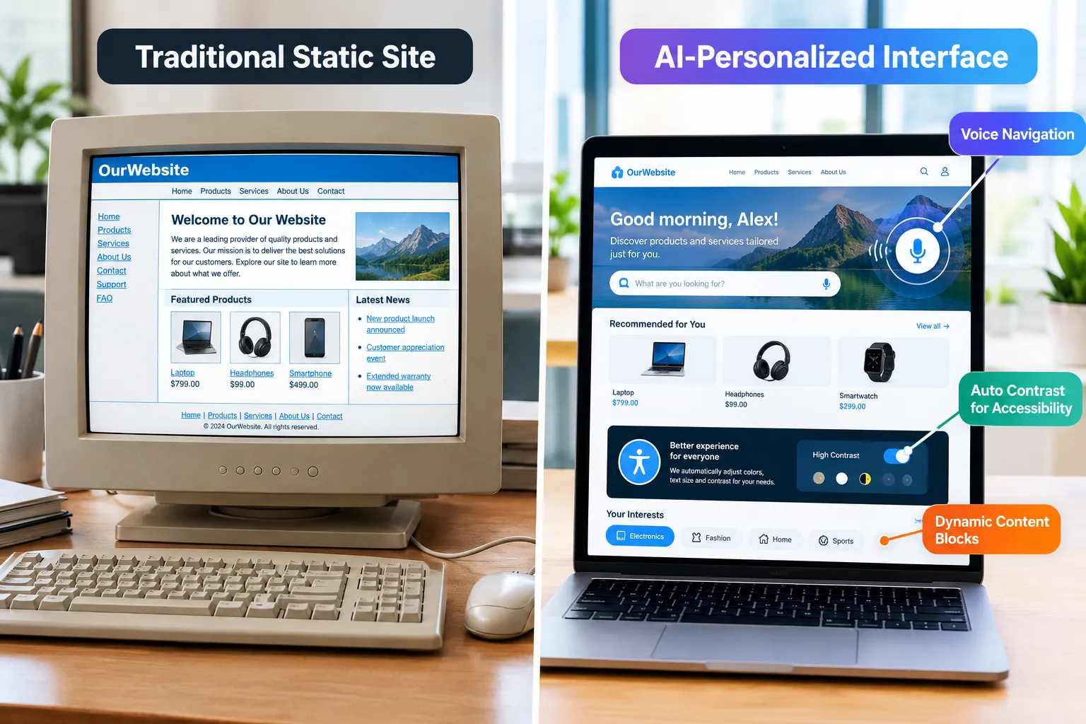Compare a static website with an AI-personalized interface featuring voice navigation, auto contrast, and dynamic content tailored to each visitor.