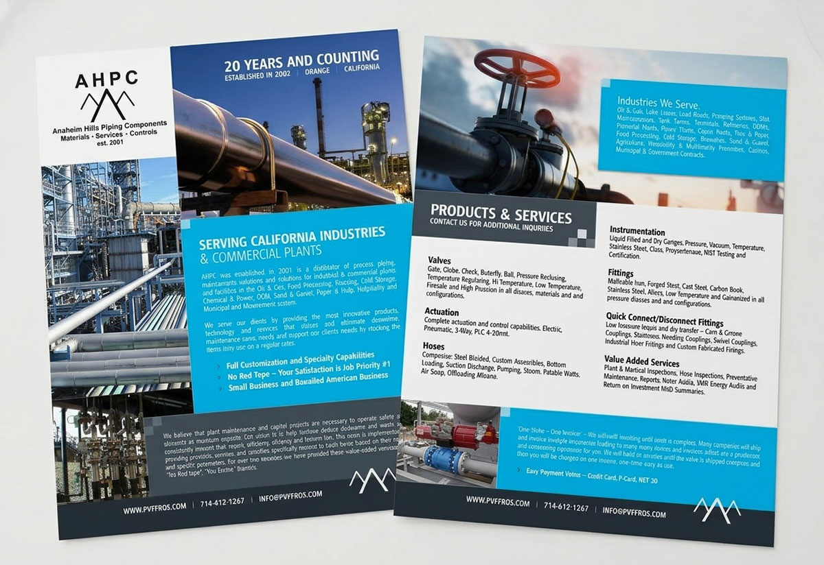 Full-page screenshot of Anaheim Hills Piping Components Flyer