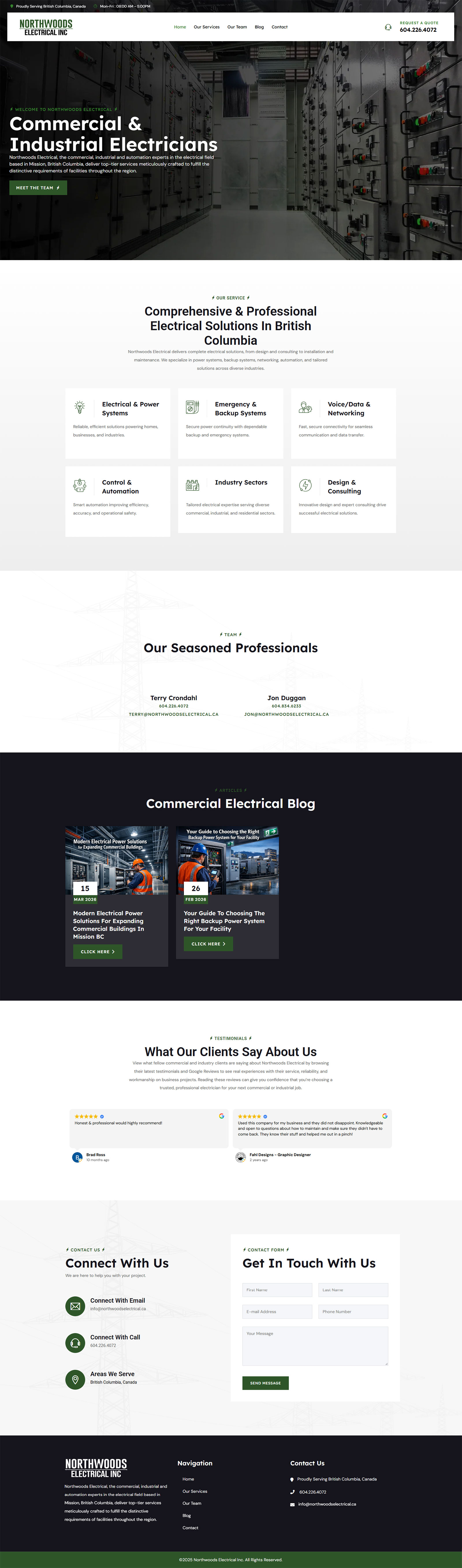 Full-page screenshot of Northwoods Electrical Website