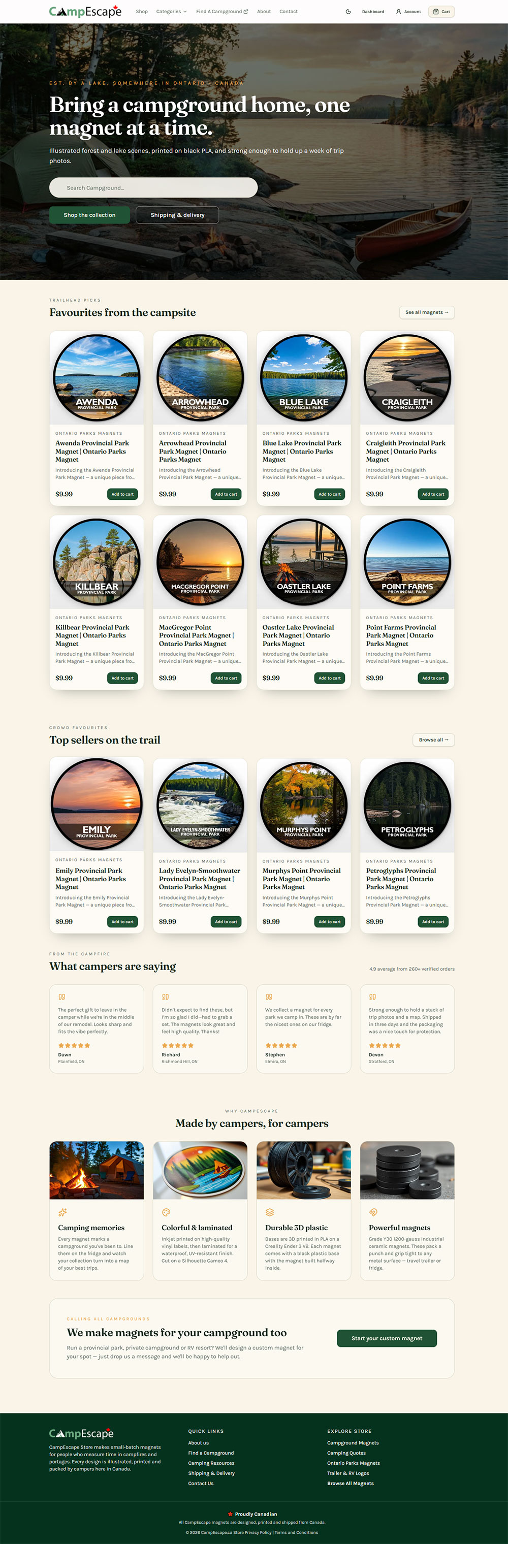Full-page screenshot of CampEscape Store Website