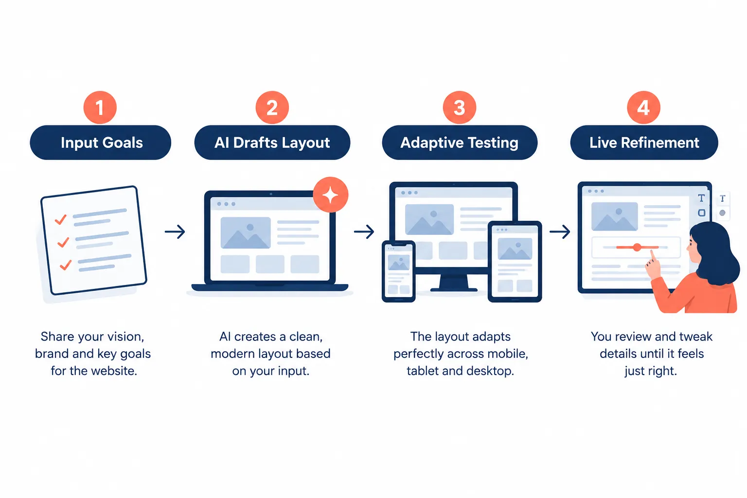 See how AI web design works in four steps: share your goals, let AI draft a layout, test it across devices, then refine details until it feels right.
