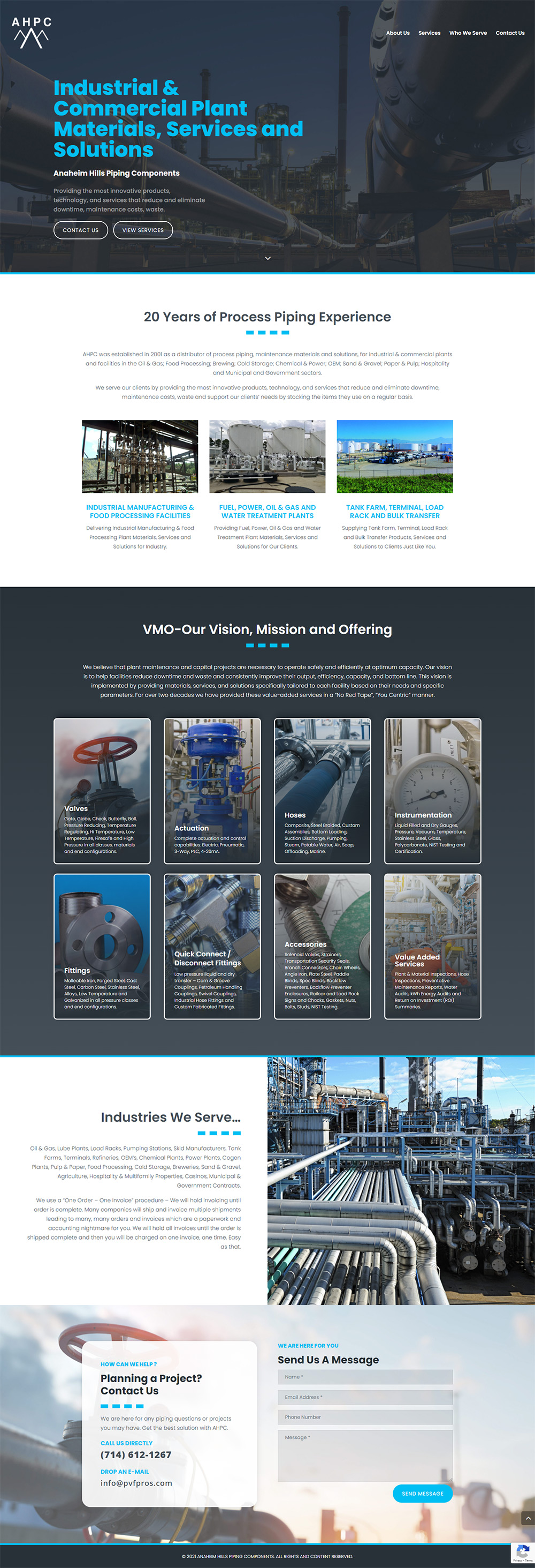 Full-page screenshot of Anaheim Hills Piping Components Website